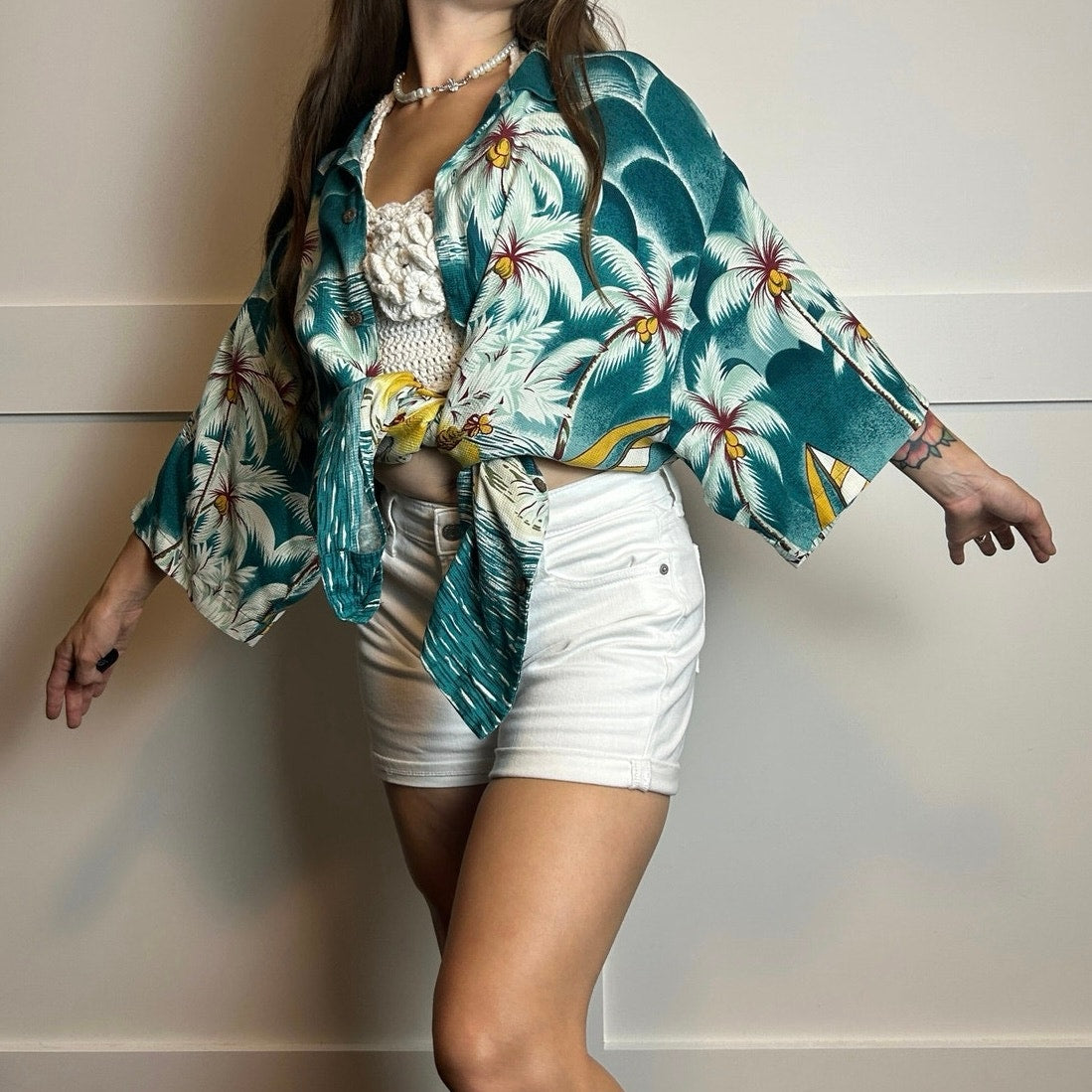 Chemise hawaïenne des années 50, 100 % soie, manches courtes, boutonnée, taille L