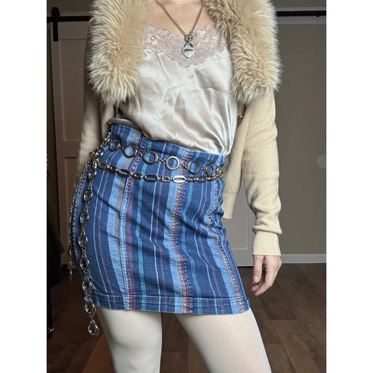 Free People Zip It Up Denim Mini Skirt Y2K Striped Blue Exposed Zipper
