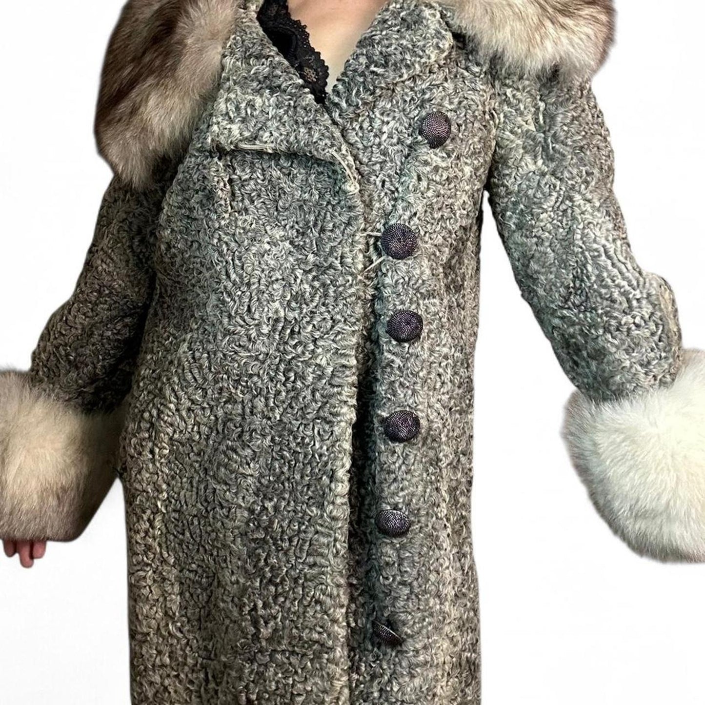 Manteau afghan en peau de mouton Penny Lane en agneau persan argenté taille M mode d'archives