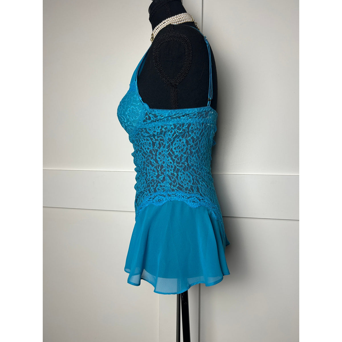Cinema etoile high leg lace and chiffon ruffle turquoise blue