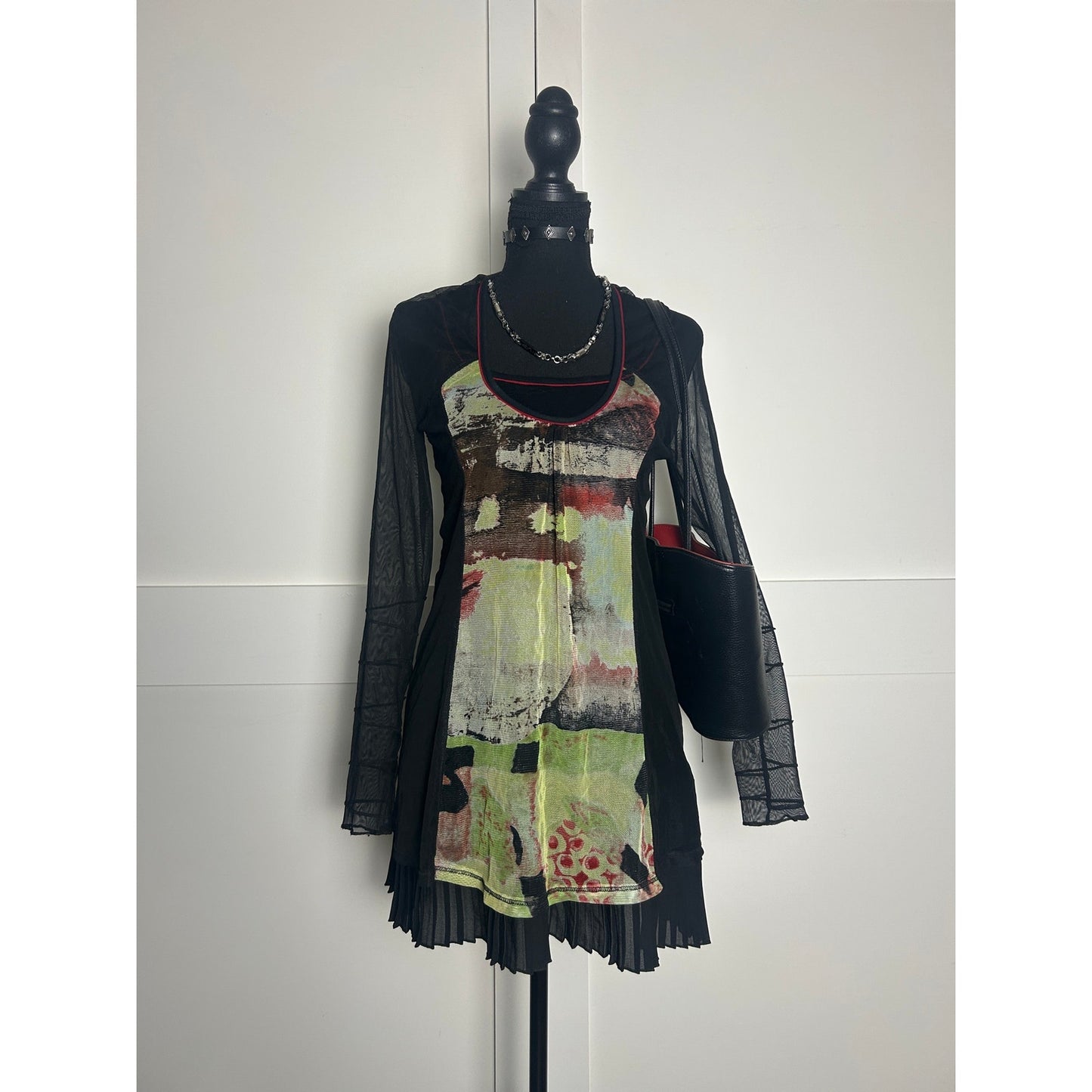 Euro grunge layered mesh art dress with pleating