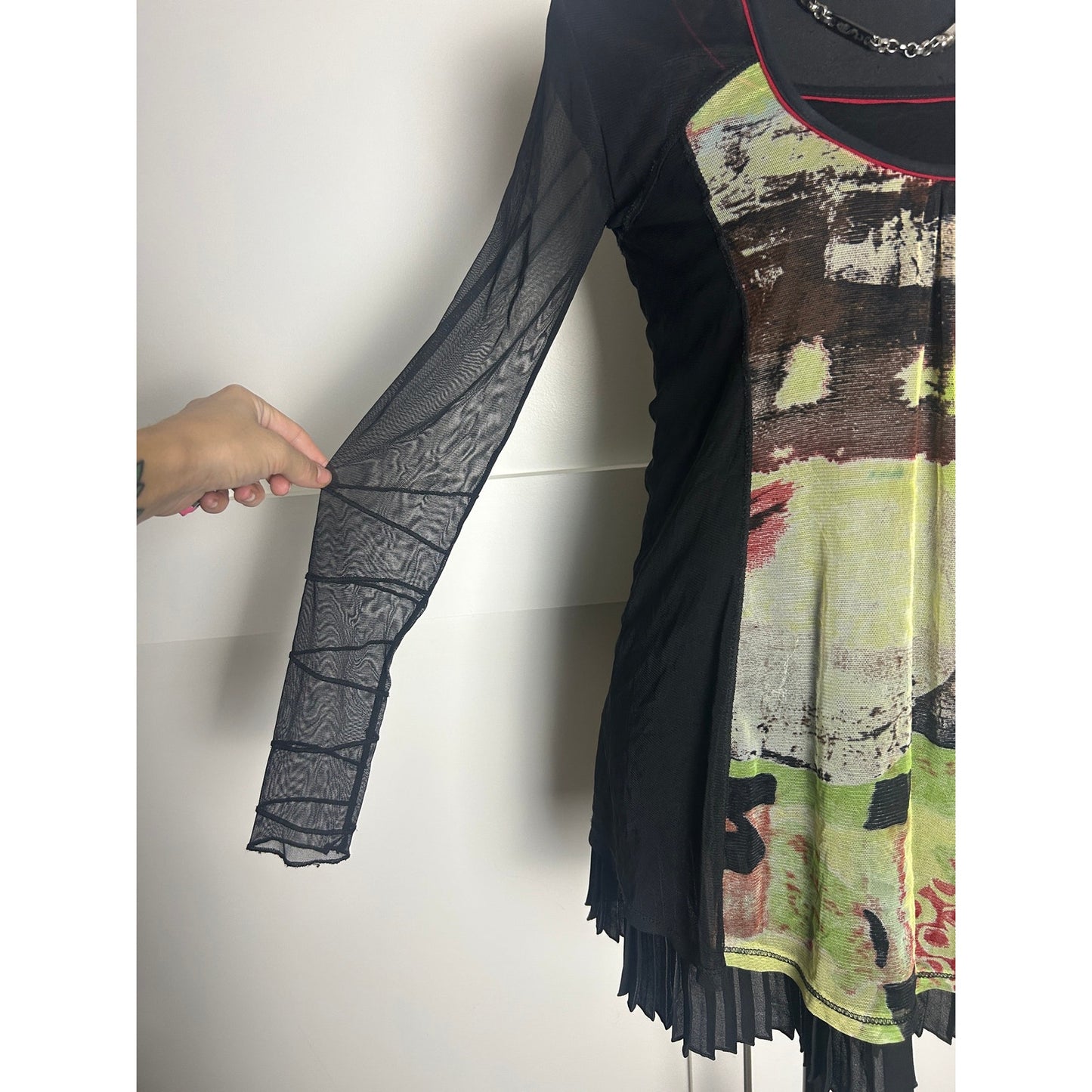 Euro grunge layered mesh art dress with pleating
