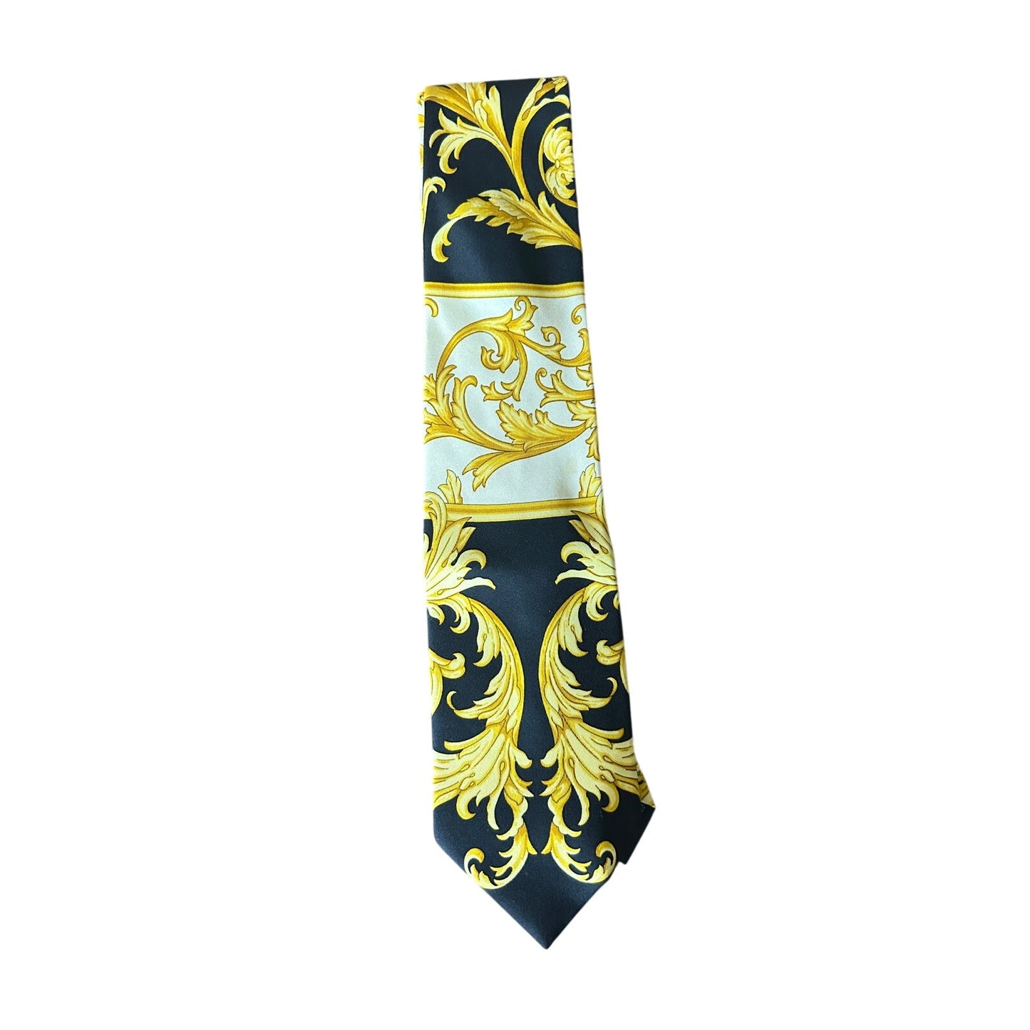 🖤💛 Vintage Couture Seidenkrawatte Barock – Ära 1992/93 – Schwarz-Gold-Print