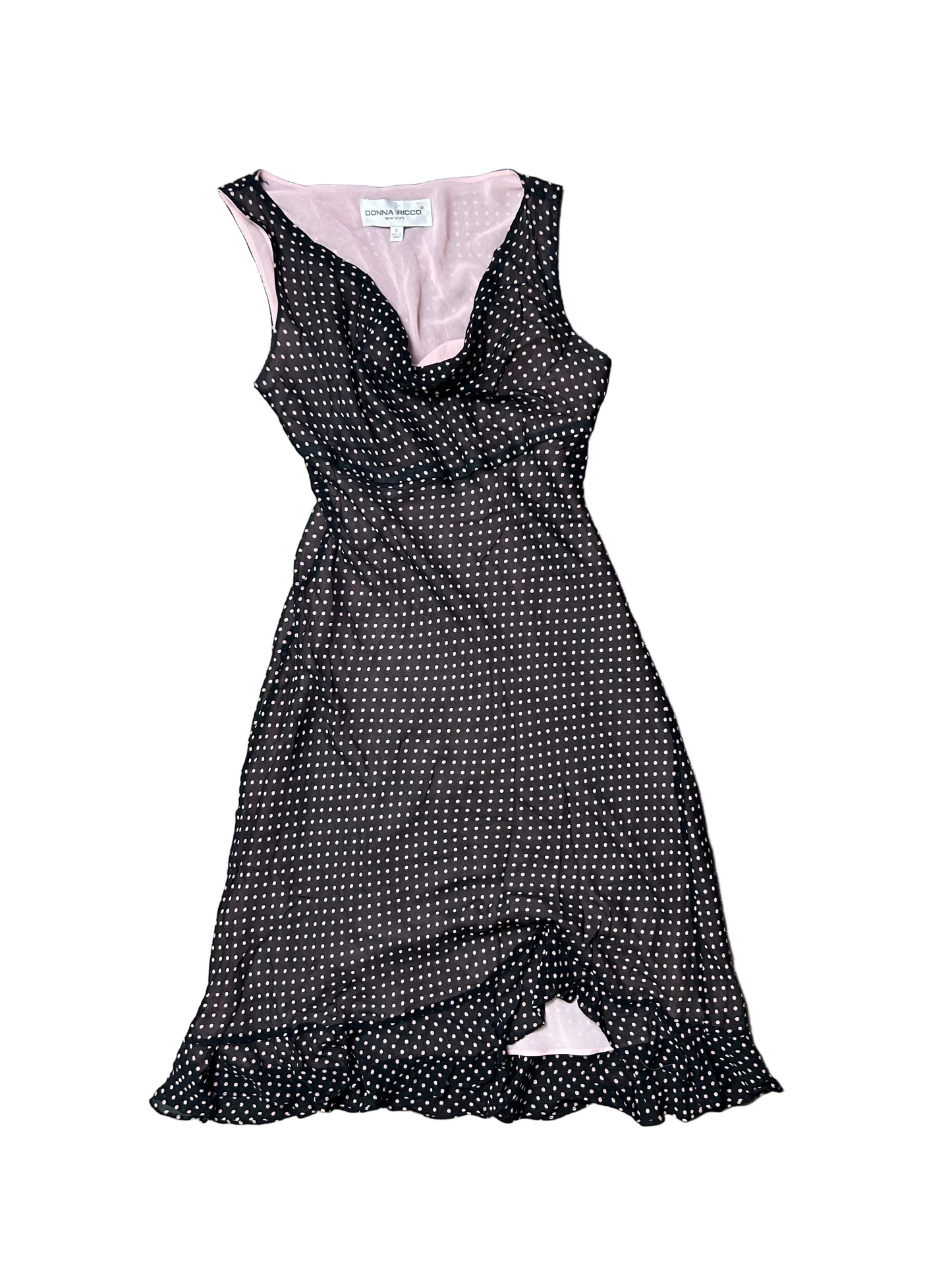 Vintage Donna Ricco Silk Mini Dress Polka Dot Ruffled Cowl Neck Size 4