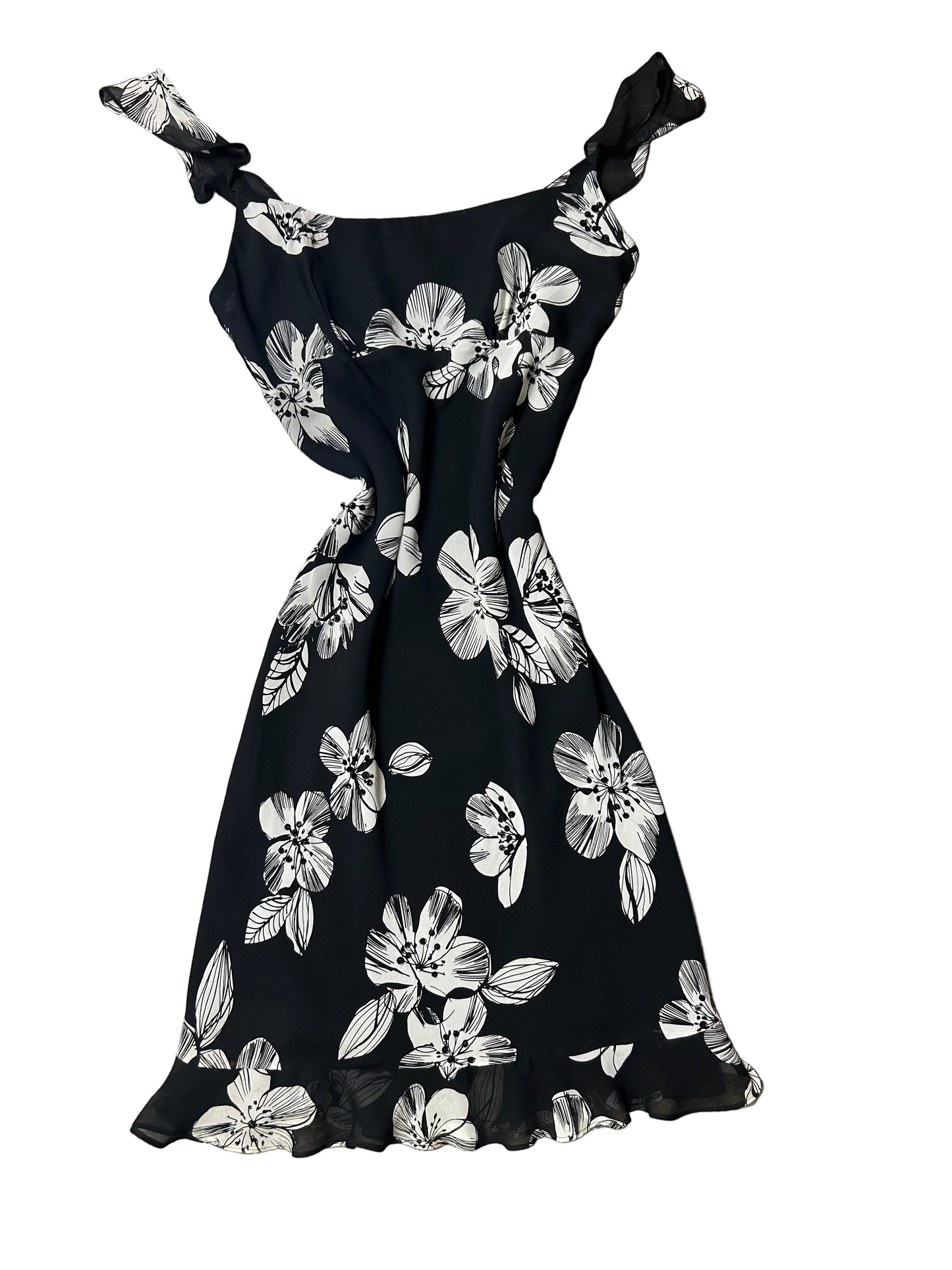 Vintage Kelly and Diane Silk Mini Dress Black White Beaded Floral Size 2