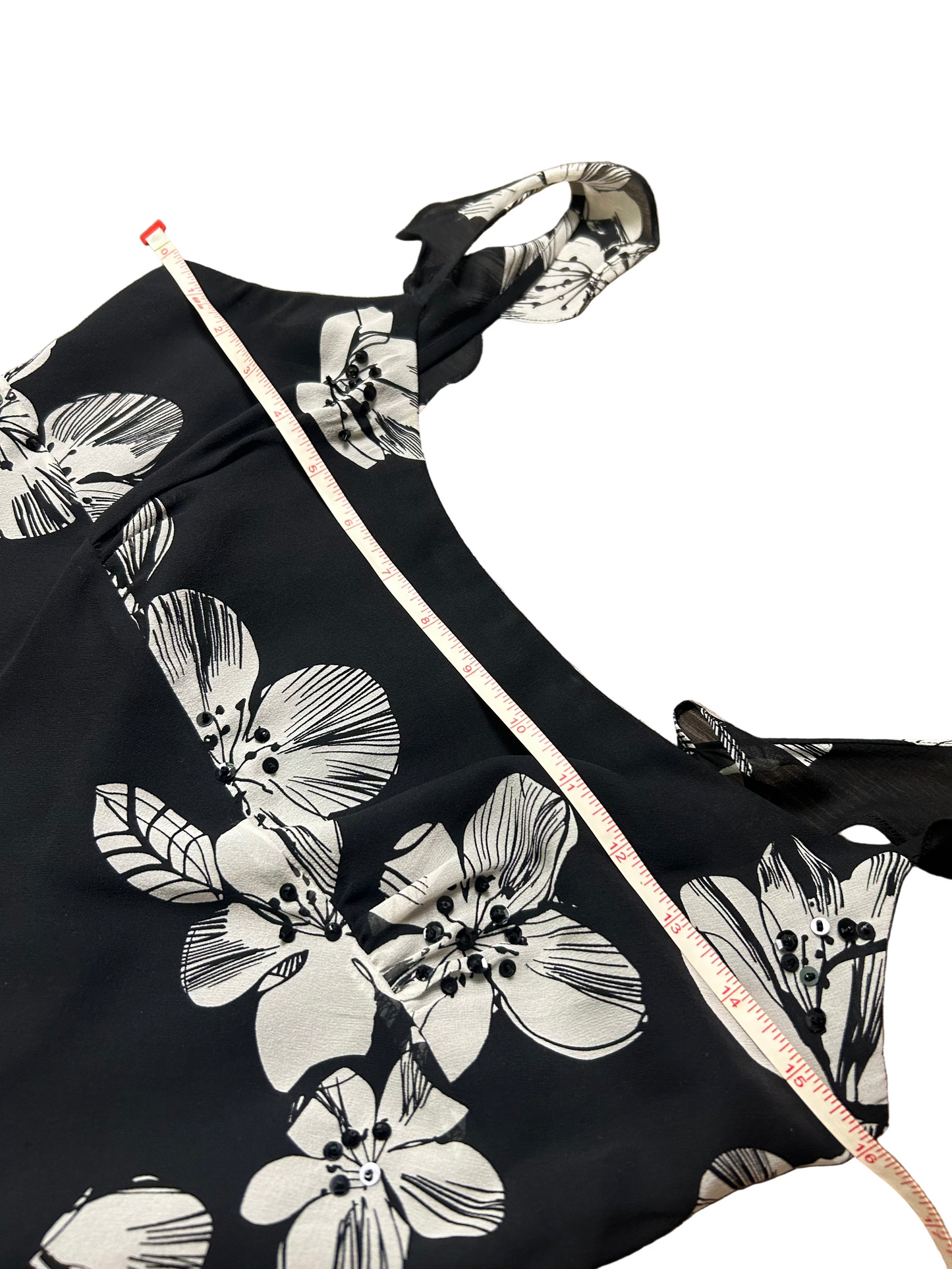 Vintage Kelly and Diane Silk Mini Dress Black White Beaded Floral Size 2