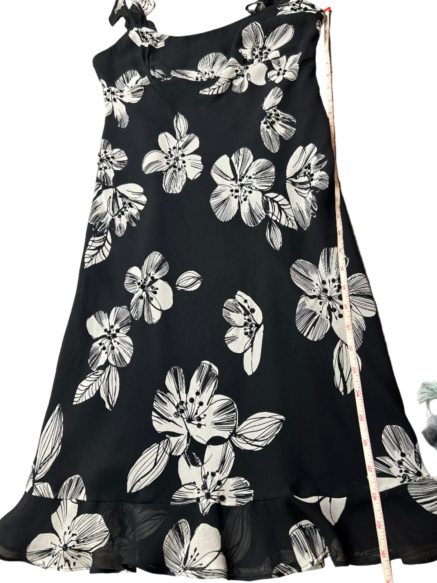 Vintage Kelly and Diane Silk Mini Dress Black White Beaded Floral Size 2