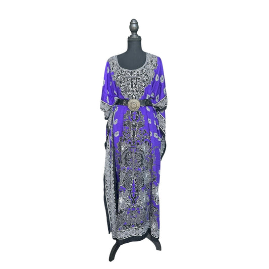 Kaftan Bohème Violet Noir & Blanc – Taille Unique Maxi Vintage