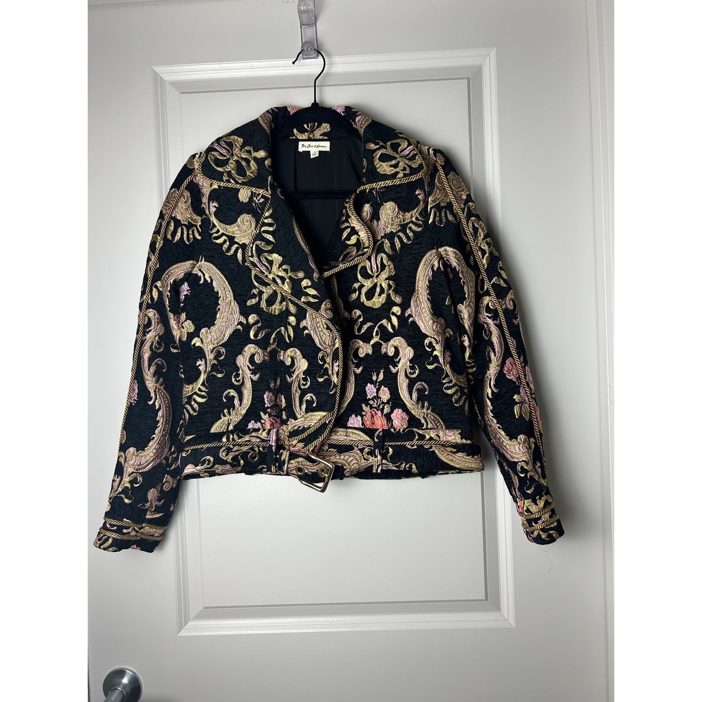 For Love & Lemons Brokat-Wandteppich-Motorradjacke mit Gürtel Größe S