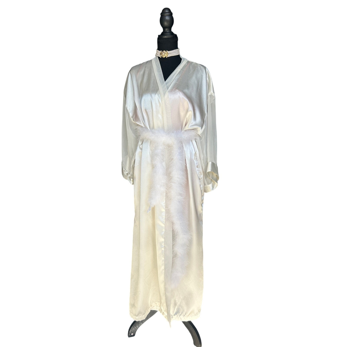 Vintage Intimo Amore Sears Satin Robe Large Sheer Sleeves Pockets 80s Lingerie