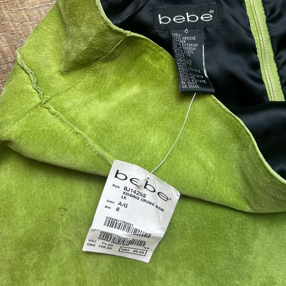 nwt deadstock bebe lime green suede leather skirt size 6