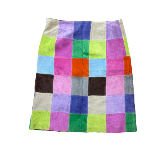 issac mizrahi rainbow patchwork suede knee length skirt size 12