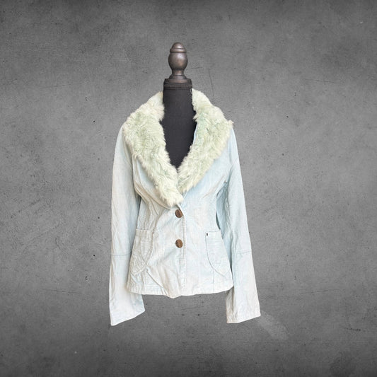 💙 Jennyfer J Hellblaue Vintage-Cordjacke mit Kaninchenfellbesatz – Größe XL