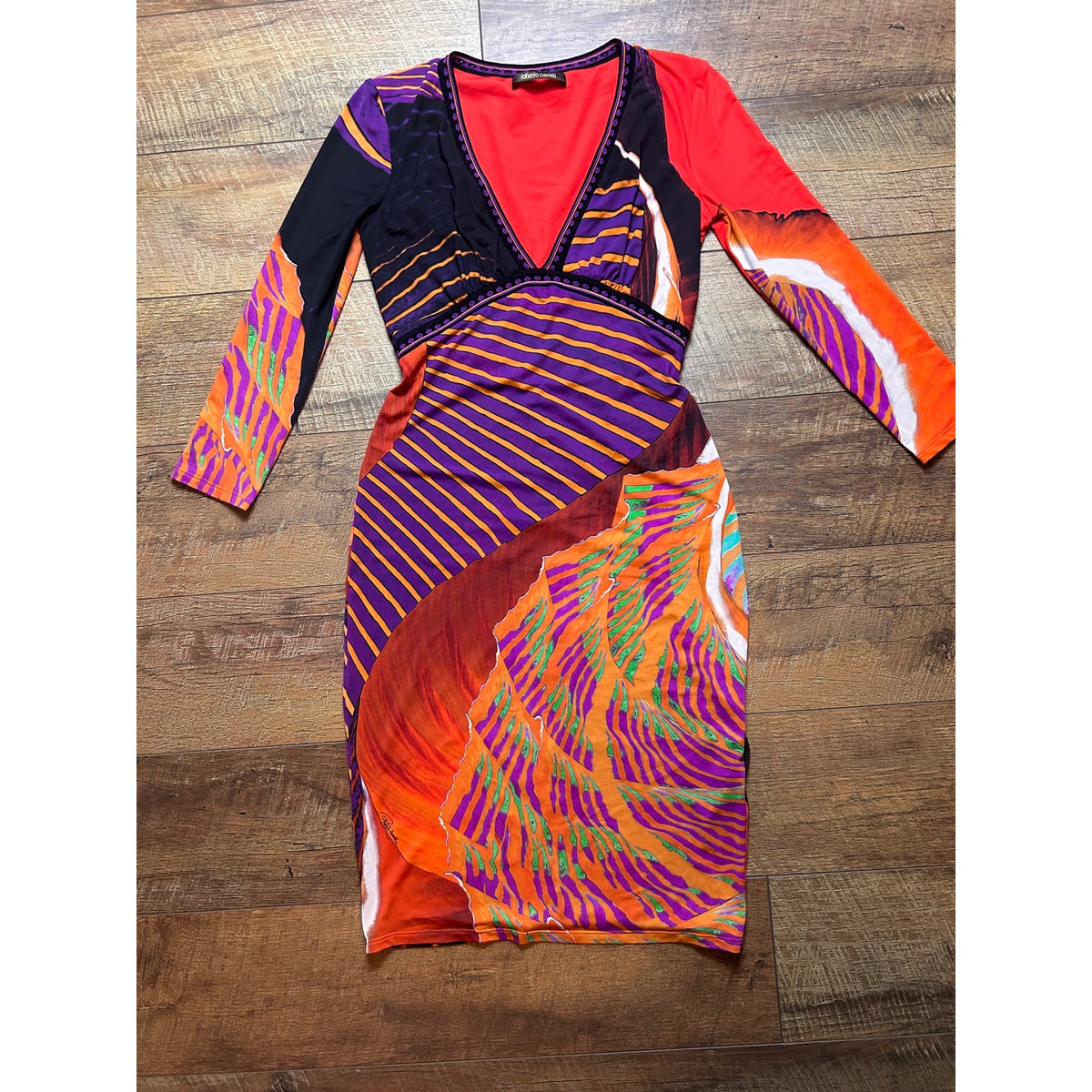 Roberto Cavalli SS01 Geometric Print Plunging Dress EU 40