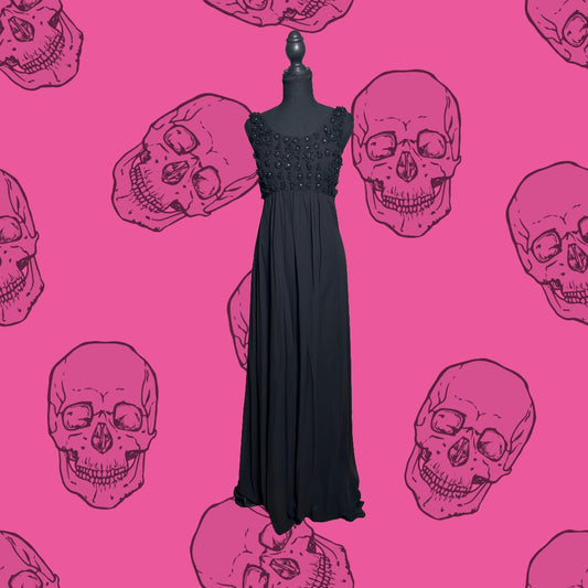 ✨ Betsey Johnson Black Silk Beaded Sequin Babydoll Maxi Dress