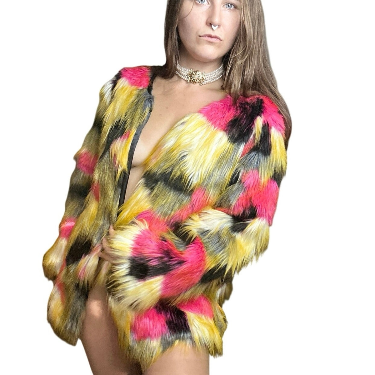Fhillinou Vibrant Multi-Coloured Faux Fur Coat