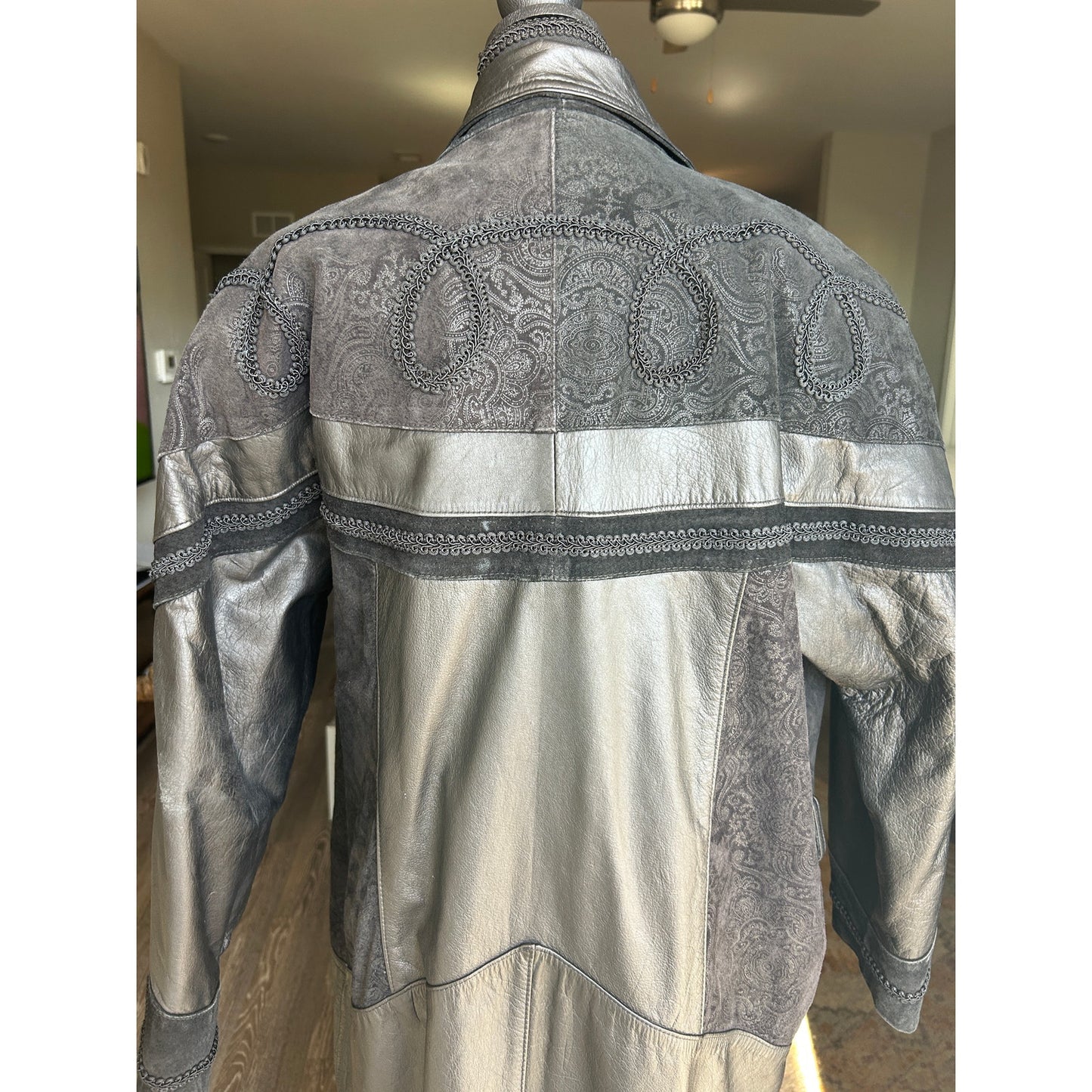 80er Western Ledertrench Paisleymuster Patchwork exotische Mode Größe XXL