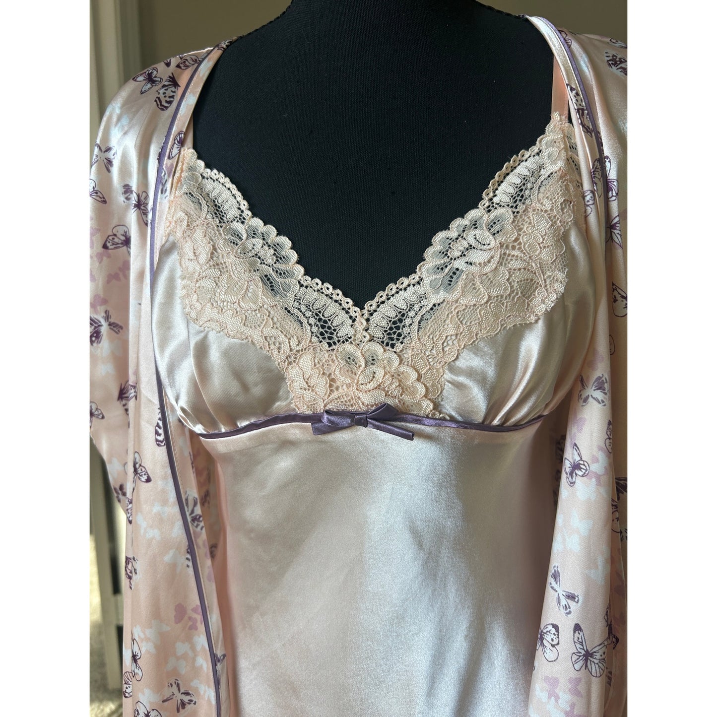 Morgan Taylor Satin Robe + Slip Set 🦋 Pink Butterfly Print Y2K Lingerie