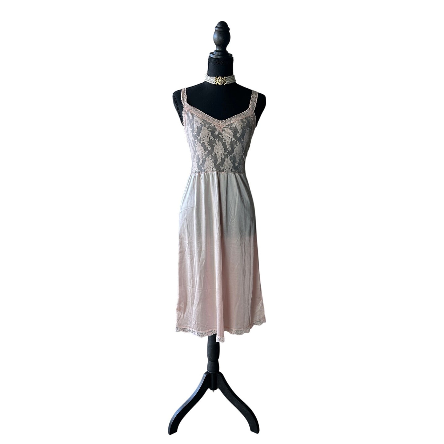 1960's vanity fair nylon and lace slip dress baby pink size 32 l