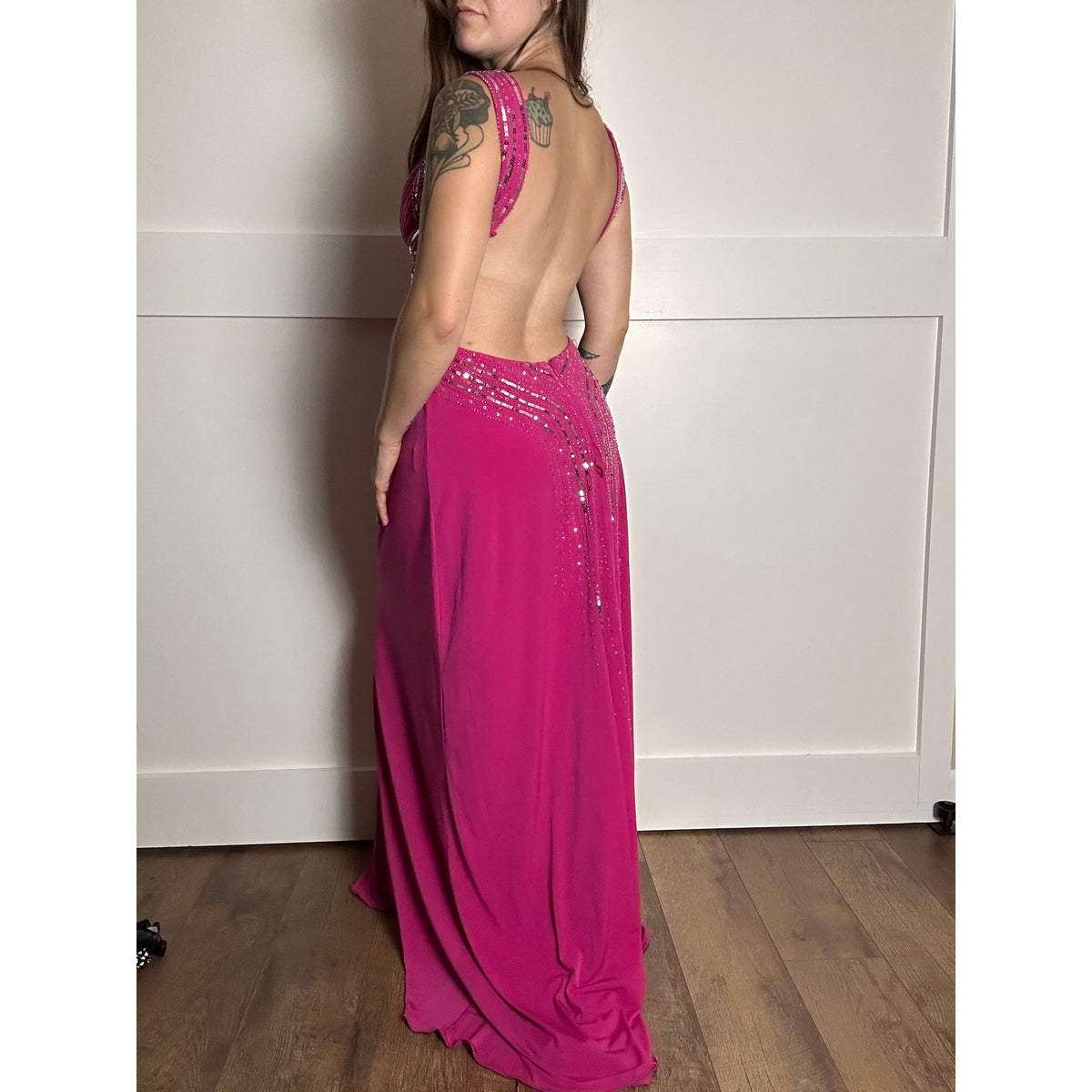 hailey logan adriahna pappel y2k formal gown, beaded sequin fit and flare backless dress magenta size 3/4
