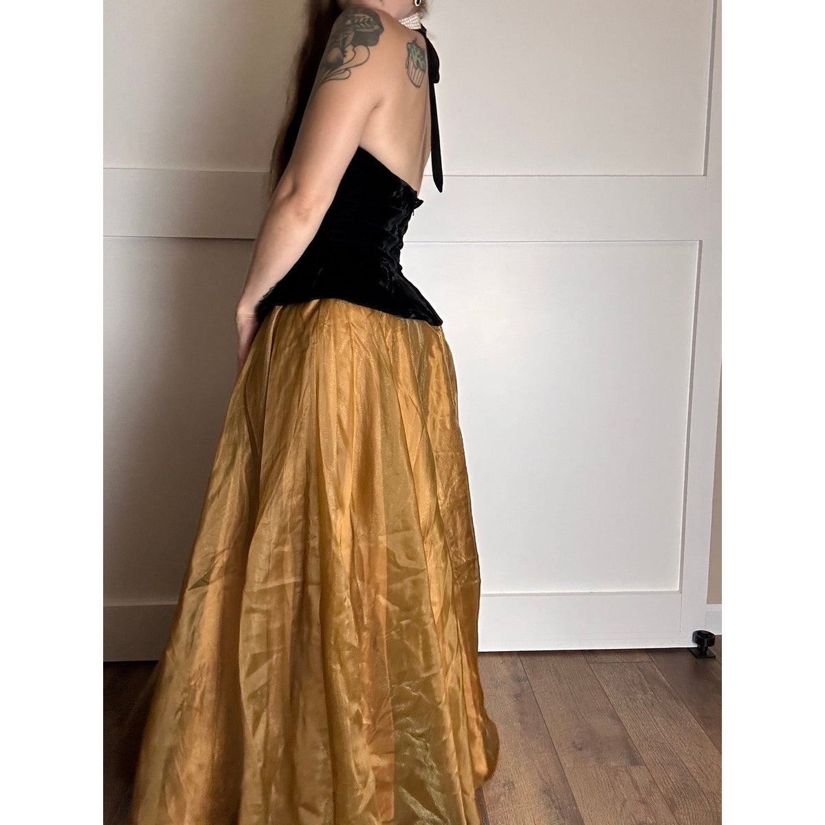 ✨ Michaelangelo Velvet & Gold Taffeta Gown – Crystal Button Waistcoat Detail