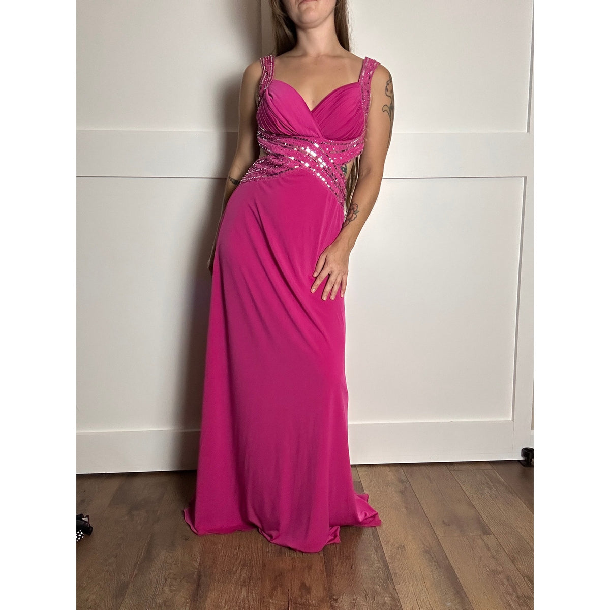 hailey logan adriahna pappel y2k formal gown, beaded sequin fit and flare backless dress magenta size 3/4
