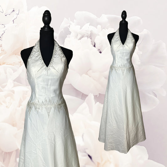 Perlenbesetztes minimalistisches Neckholder-Kleid mit ausgestelltem Rock XS/S