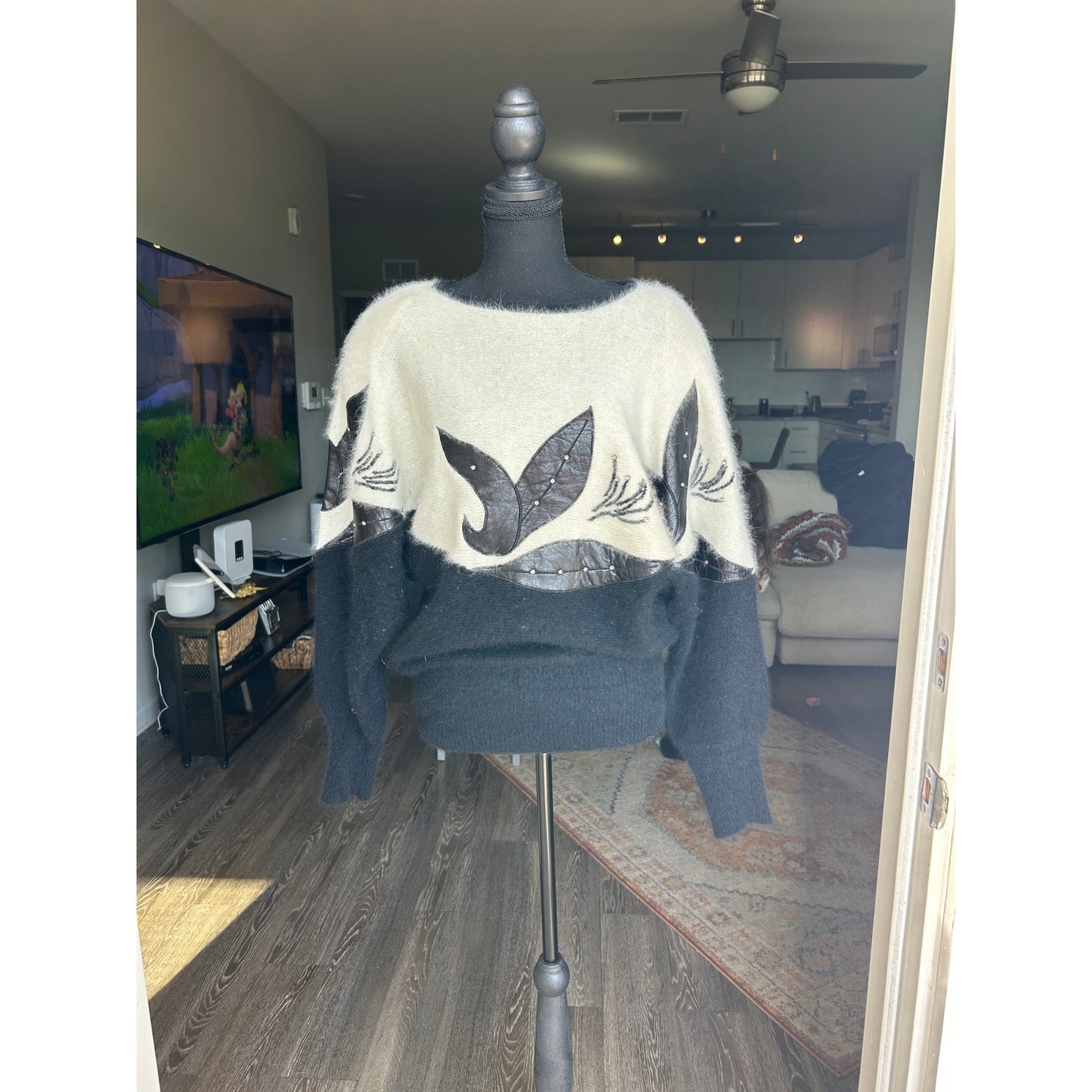 Erez lambswool, angora, leather patch sweater black and white size large