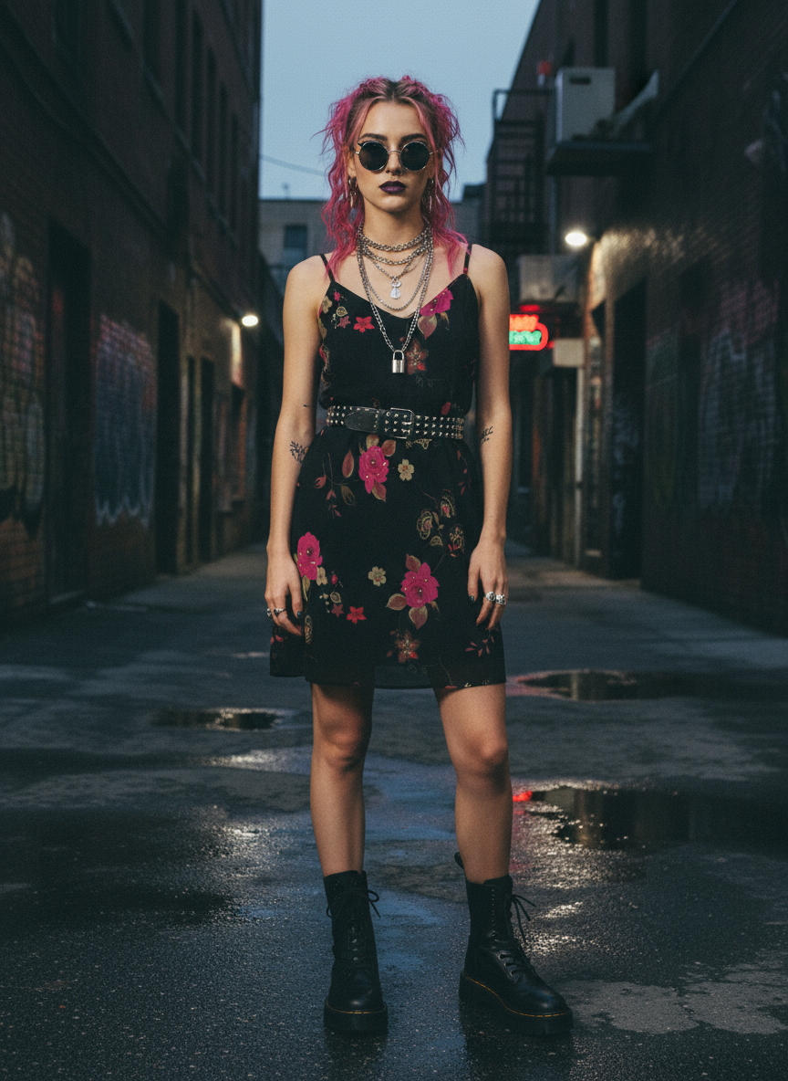 Alt-style modeled shot of floral mini dress
