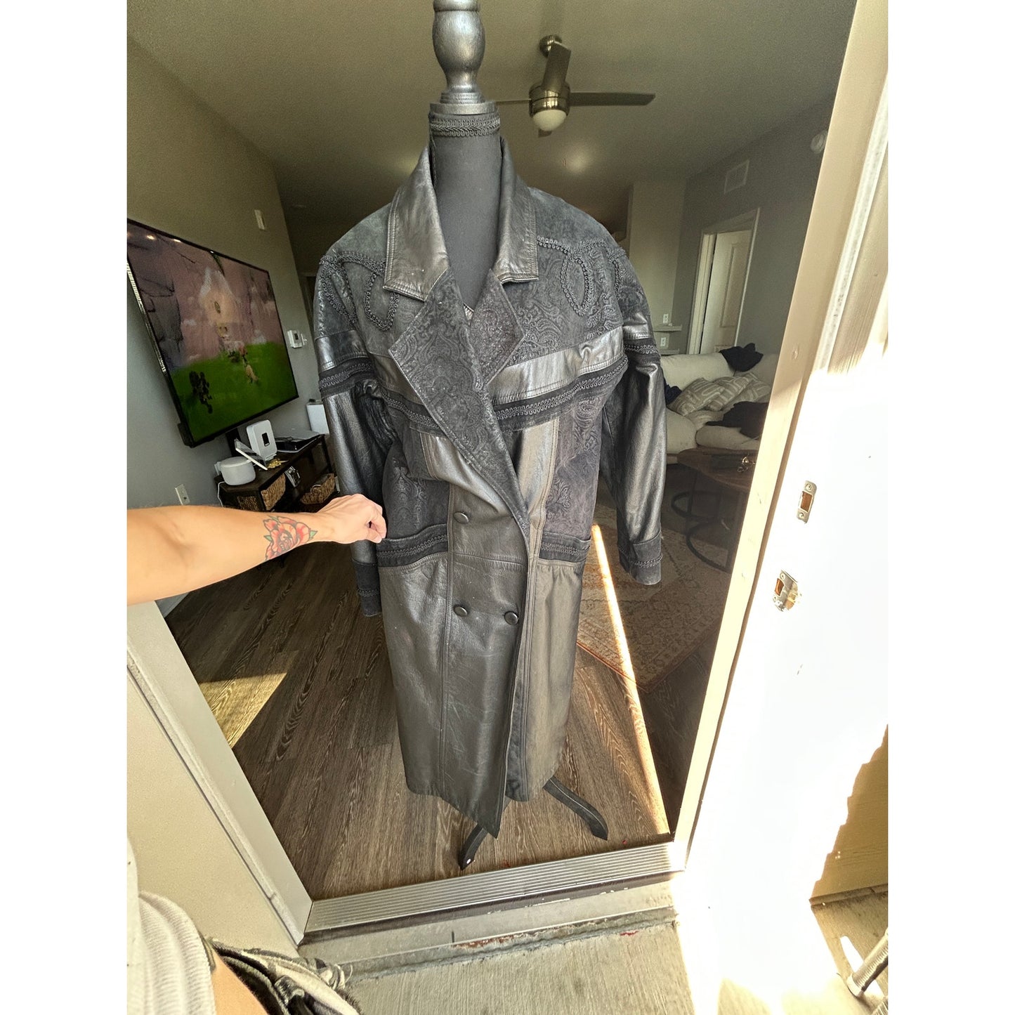 80er Western Ledertrench Paisleymuster Patchwork exotische Mode Größe XXL