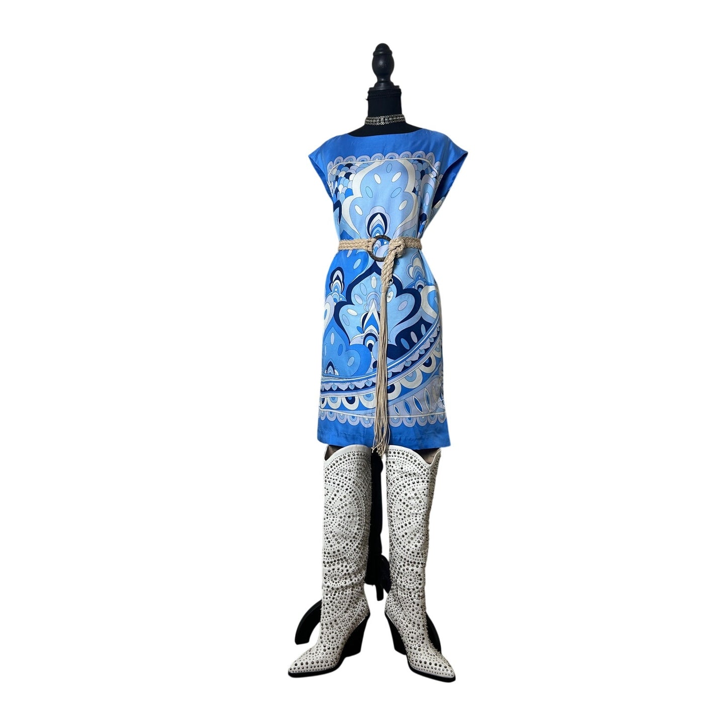 j mclaughlin cassidy aquarius print blau mod shift dress xs 60er jahre u-boot-ausschnitt sackkleid coastal chic resort