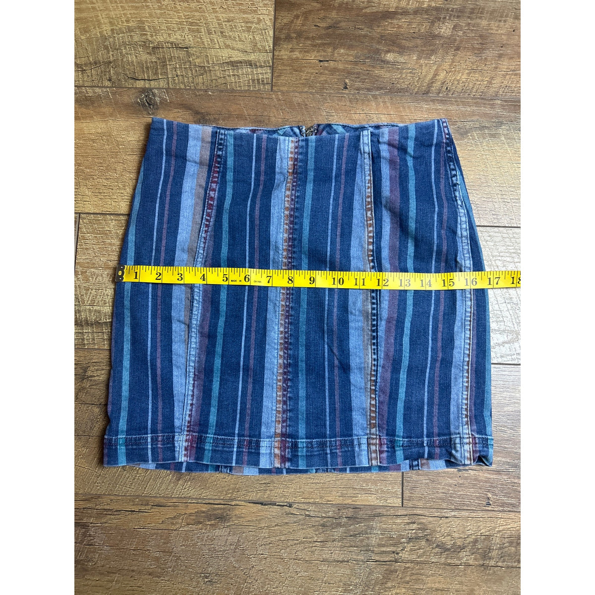 Free People Zip It Up Denim Mini Skirt Y2K Striped Blue Exposed Zipper