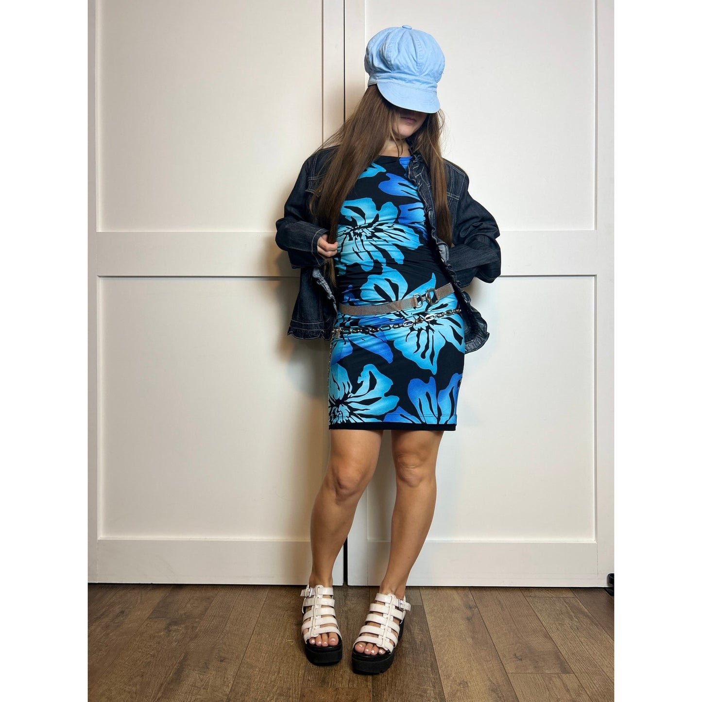 cache sleeveless tropical dress blue and black rouched sides size s/m