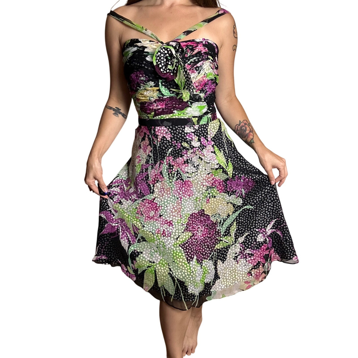 bryan bradley chiffon silk polka dot, floral silk dress perfect for homecoming size 6