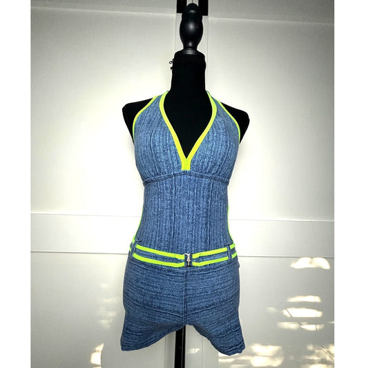 Y2K Saca Diamente Unitalla blue + green belted swimsuit