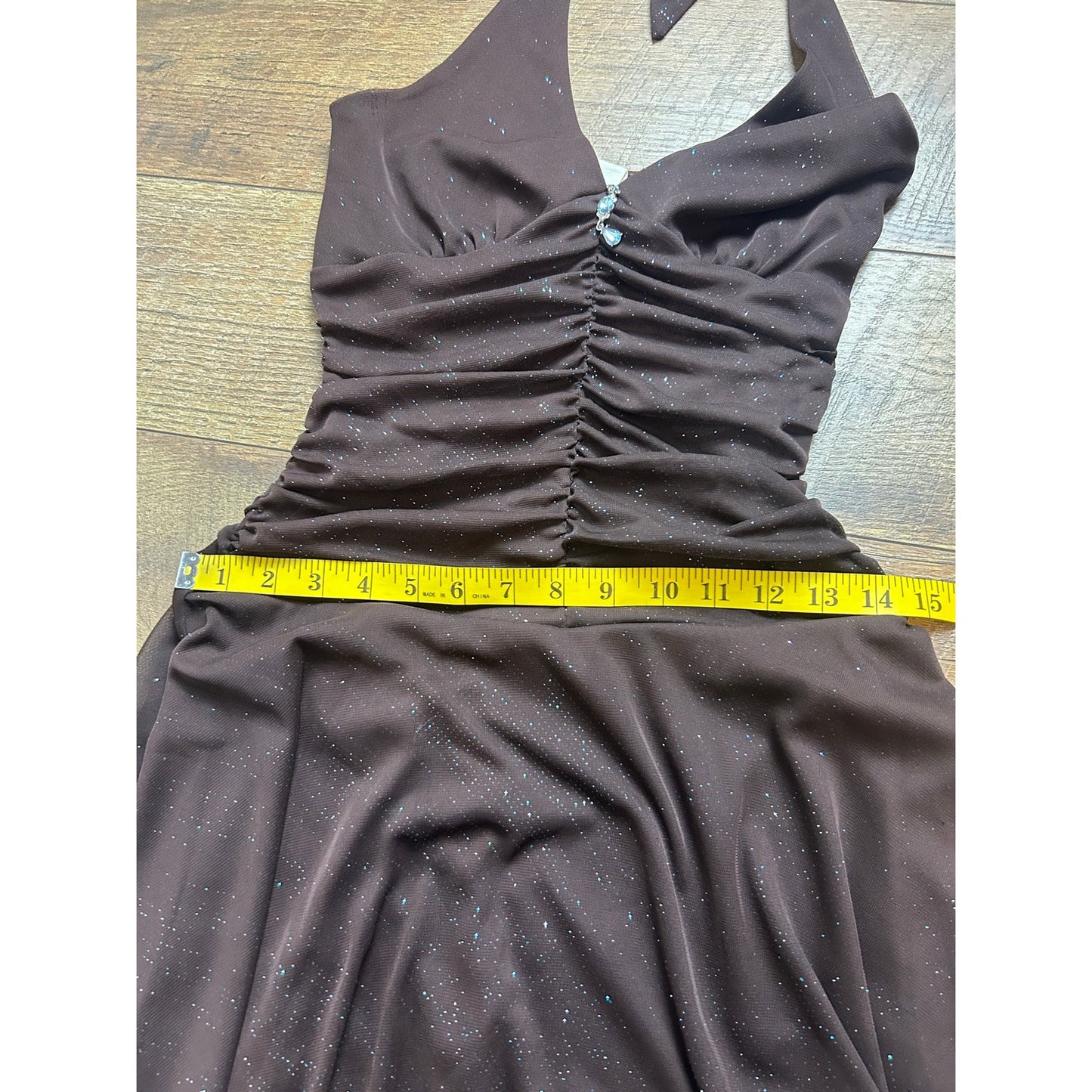 y2k fairy hem halter neck sparkly brown and blue dress