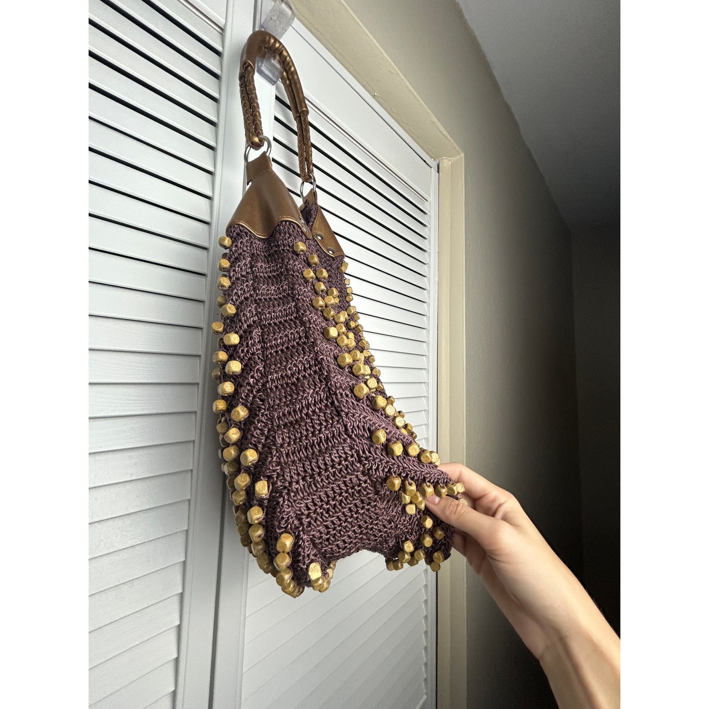 Boho crochet market bag wood bead tote brown earthy festival slouchy purse
