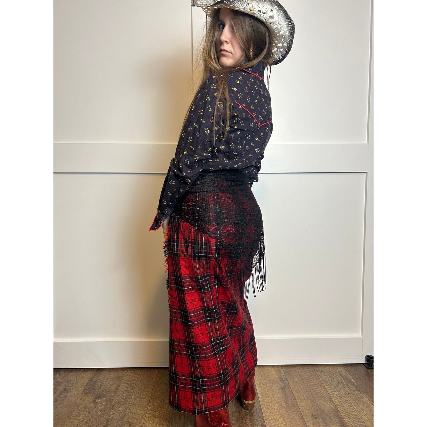 Rafaella karierter Maxirock aus Wolle, Wickelrock, Bleistiftrock, Western, Alt, Punk, Vintage