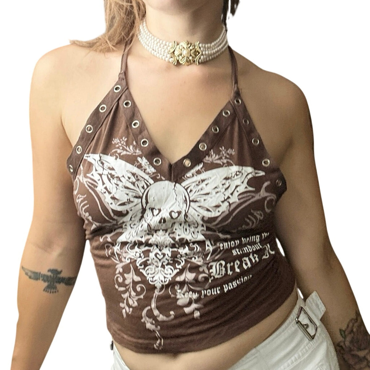 Indie Sleaze Grommet Skull Graphic Halter Top — S