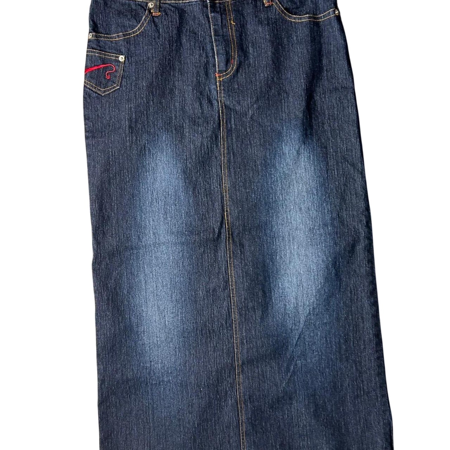 Goddess trend size 30x36 dark wash faded denim maxi skirt