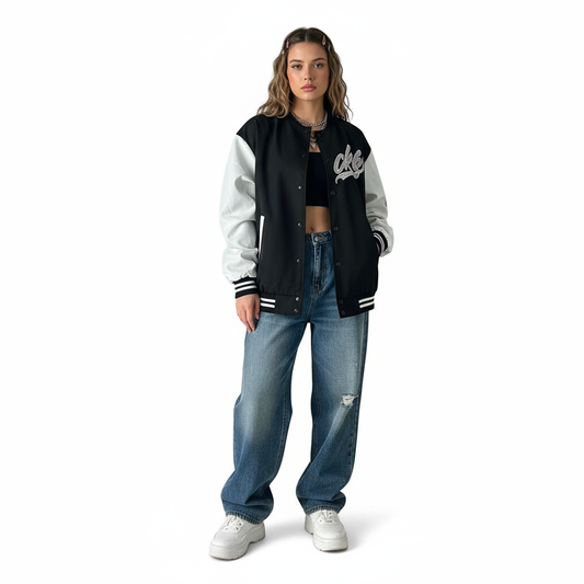 Black and white lightweight jacket modeled