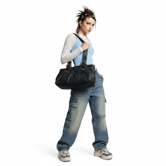 Black Coach pleated leather Soho tote modeled