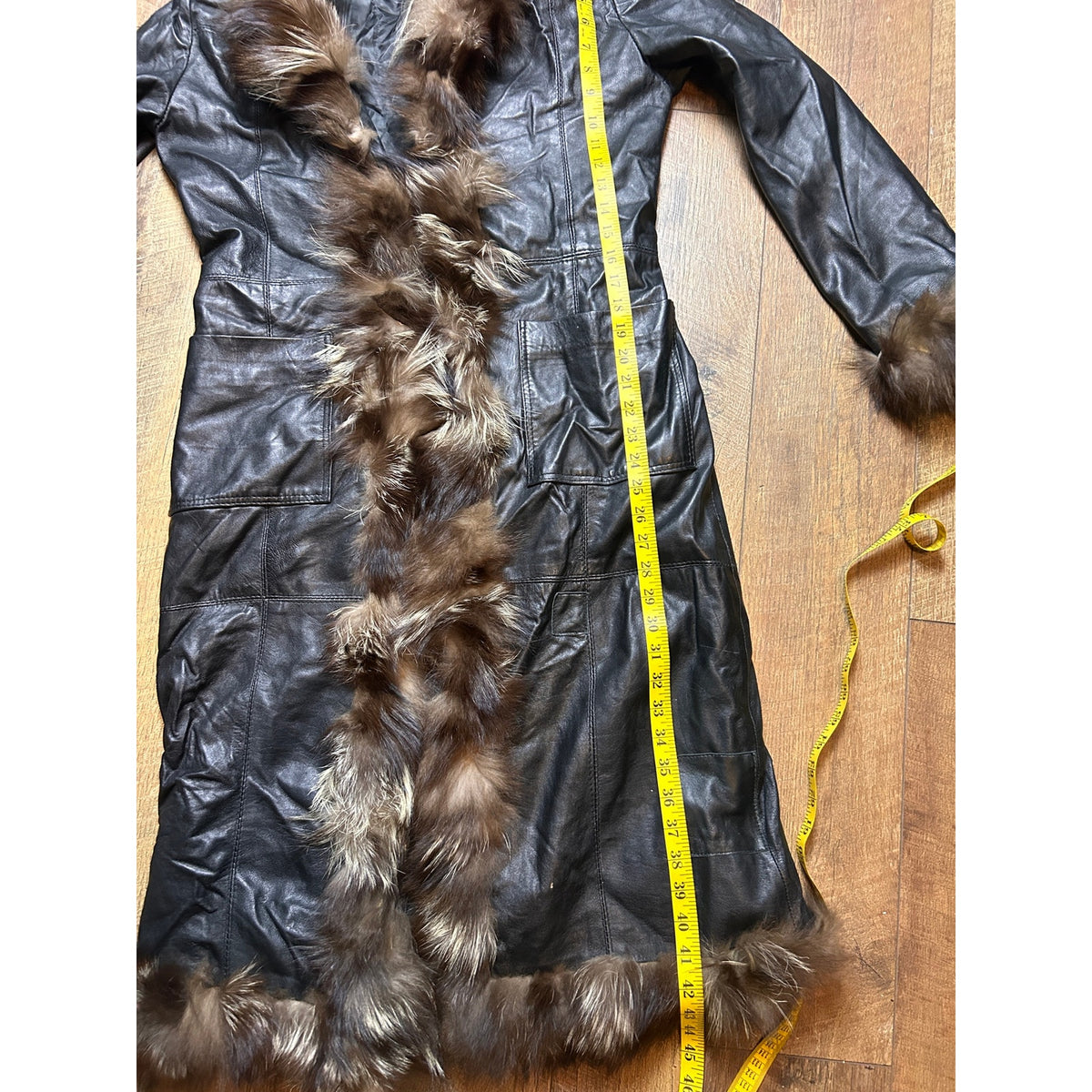 Vintage Italian Leather Penny Lane Coat Black Genuine Leather Fox Fur Trim Long Y2K