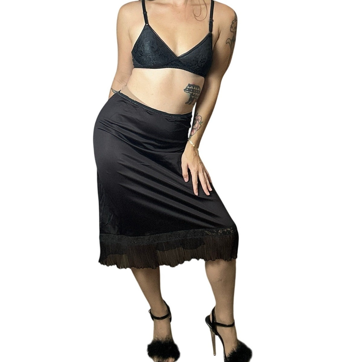 homemade black slip skirt with pleated trim size s/m