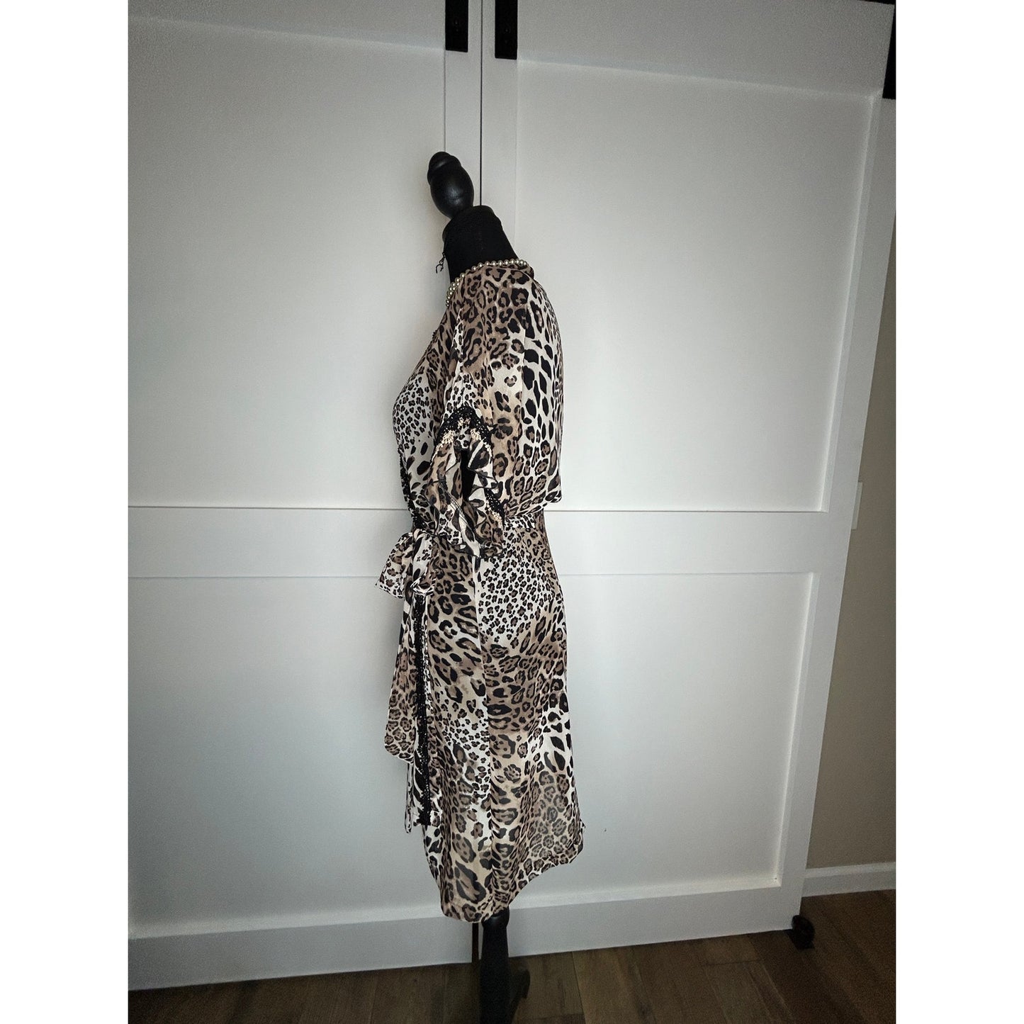 Y2K Indie Sleaze Linea Donatella Cheetah Print Chiffon Lace Ruffle Robe S/M
