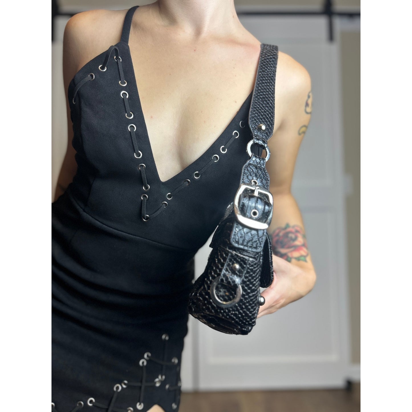 Y2K Black Croc Embossed Shoulder Bag by CMZ Vintage Faux Leather Purse