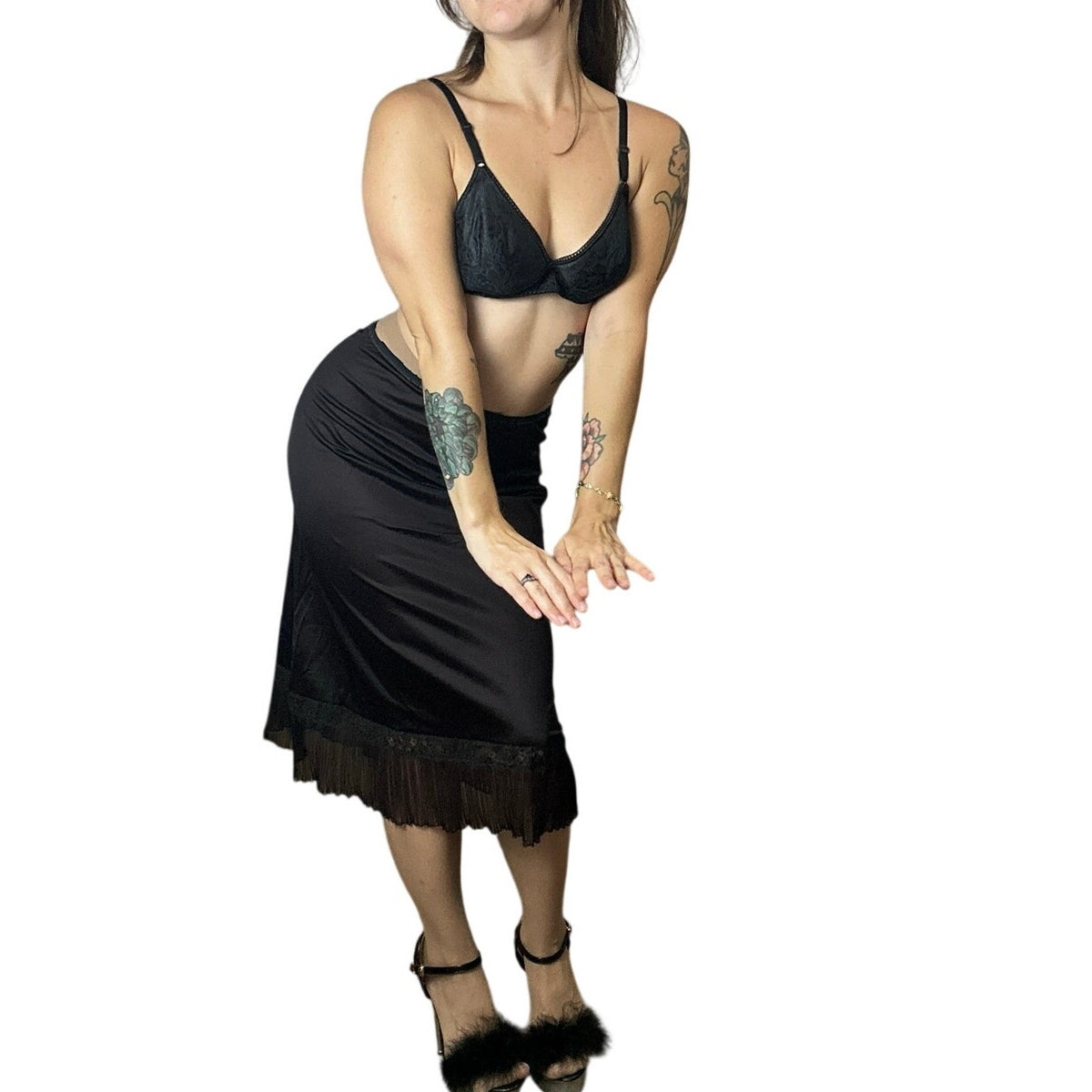 homemade black slip skirt with pleated trim size s/m