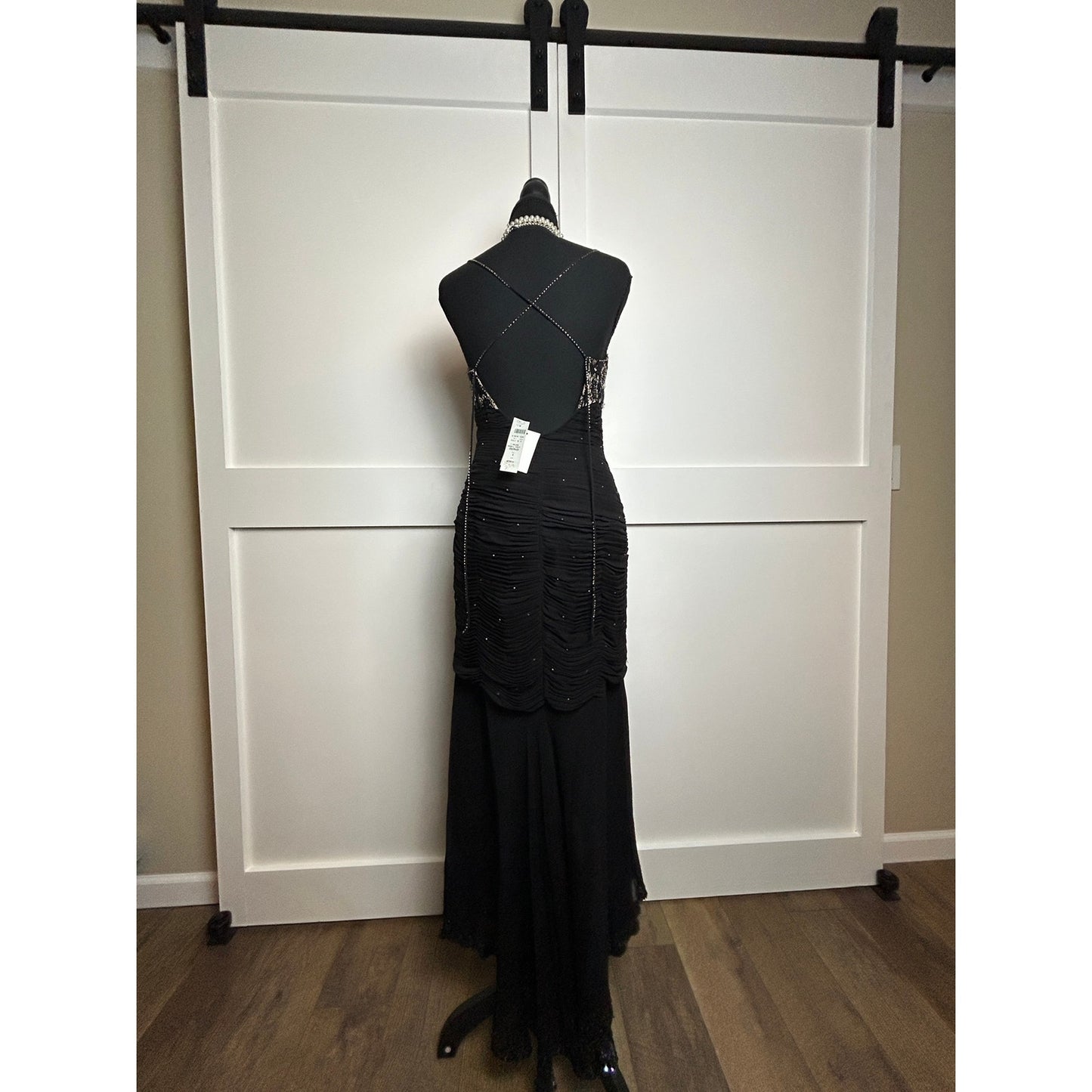 Deadstock Black Embellished Chiffon Fishtail Dress 🖤 Coquette After Dark Tan Lining Gothic Glam