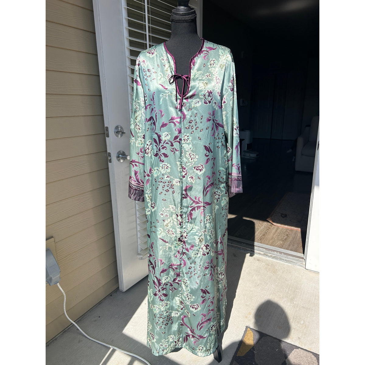 Rare Halston Black Label satin robe in a teal and purple chrysanthemum ...