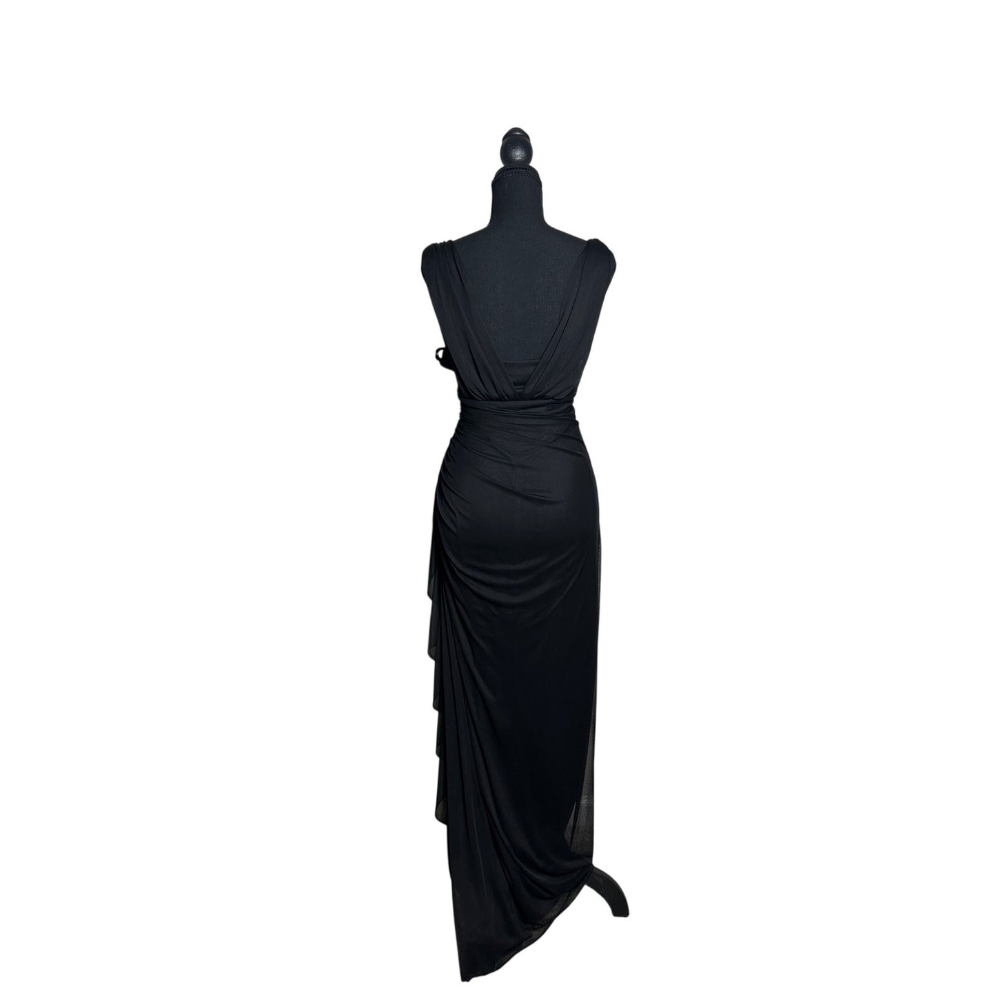 ✨ Betsy & Adam Draped Micro Mesh Dress – Crystal Trim Detail